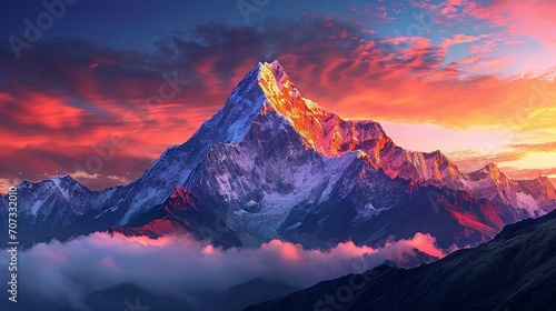 A mountain peak bathed in the warm hues of dawn, creating a breathtaking and majestic scene. [Mountain peak at dawn]