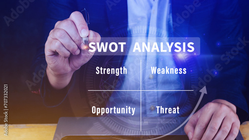 SWOT analysis concept, Businessman drawing swot analysis strategy diagram, Strength and weakness, Opportunity and Threat. Teamwork brainstorming vision and goal. photo