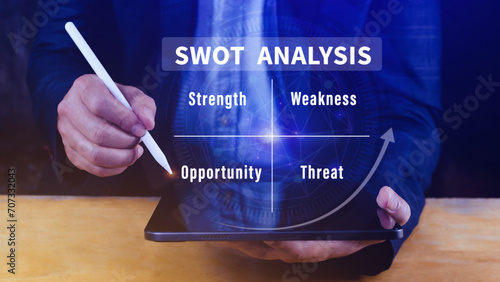 Cuadro en lienzo SWOT analysis concept, Businessman drawing swot analysis strategy diagram, Strength and weakness, Opportunity and Threat