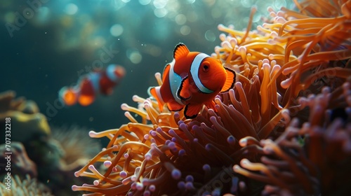  an orange and white clown fish swimming in an anemone sea anemone anemone anemone anemone anemone anemone anemone anemone.