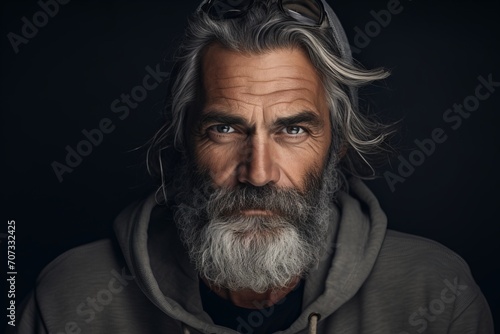 Portrait of a bearded man with gray hair and beard in a gray hoodie on a dark background