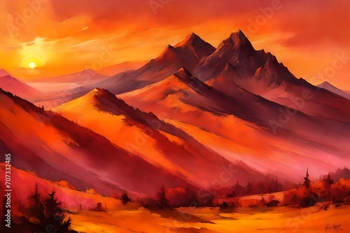 mountains illuminated by the warm  golden light of a sunrise  painting the sky in shades of pink and orange.