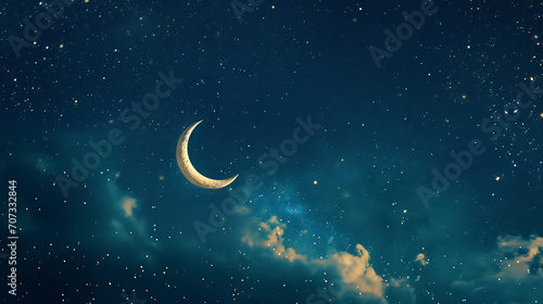 Ramadan background featuring a crescent moon and stars against a midnight blue sky