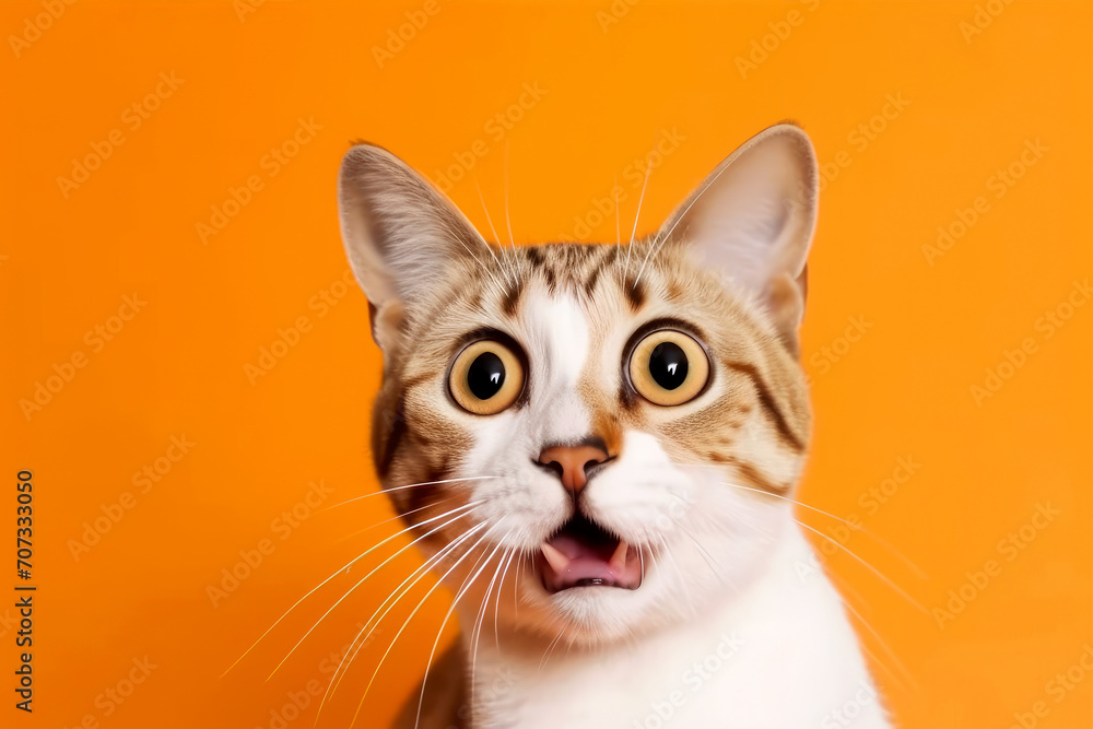 Funny surprised cat isolated on bright orange background. Studio portrait of a cat with amazed face.