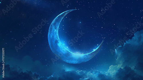 Ramadan background featuring a crescent moon and stars against a midnight blue sky