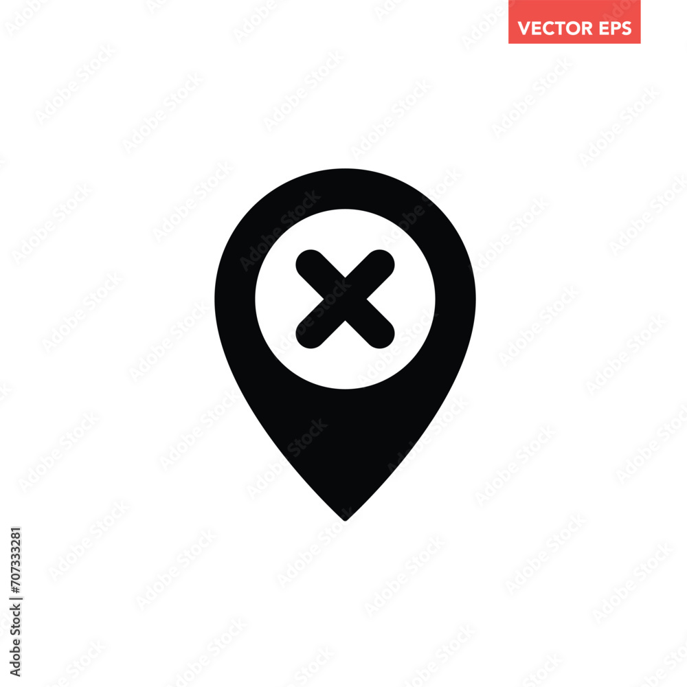 Black single cancel location icon, simple map pin anchor sign glyph flat design vector pictogram, infographic interface elements for app logo web button ui ux isolated on white background Black single cancel location icon, simple map pin anchor sign glyph flat design vector pictogram, infographic interface elements for app logo web button ui ux isolated on white background