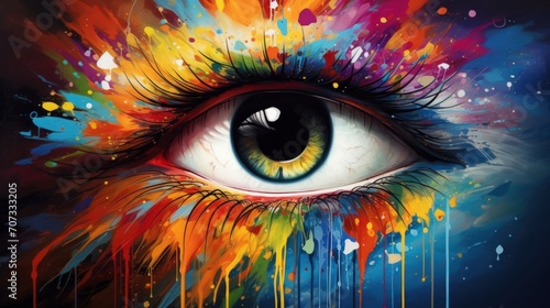 Close up on a colorful paint splatters eye. Generative AI photo