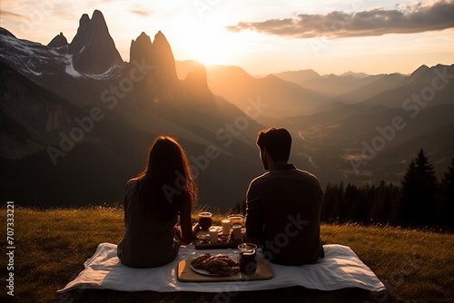 Dolomites Sunset - Serene Moments of a Young Couple Savoring a Picnic in Enchanting Alpine Meadows