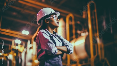 Woman Wearing Hard Hat and Glasses