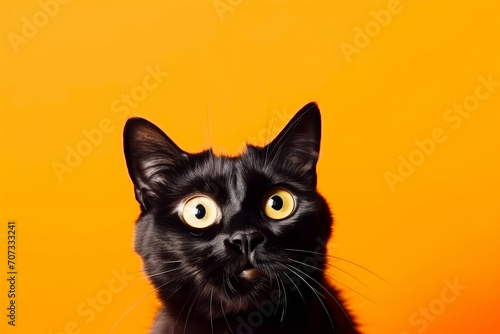 Funny surprised cat isolated on bright orange background. Studio portrait of a cat with amazed face. © ita_tinta_