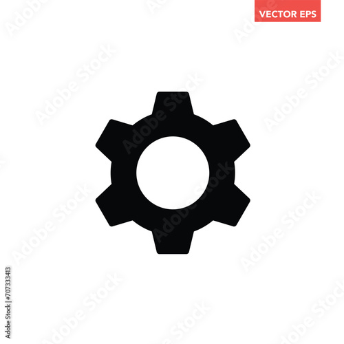 Black single gear icon, simple technology cog wheel silhouette flat design vector pictogram, infographic interface elements for app logo web button ui ux isolated on white background