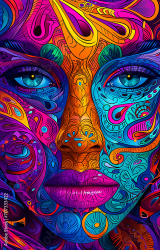 Abstract woman face Illustrated, in colorful Mandala pattern, cubism art, Maori Art 