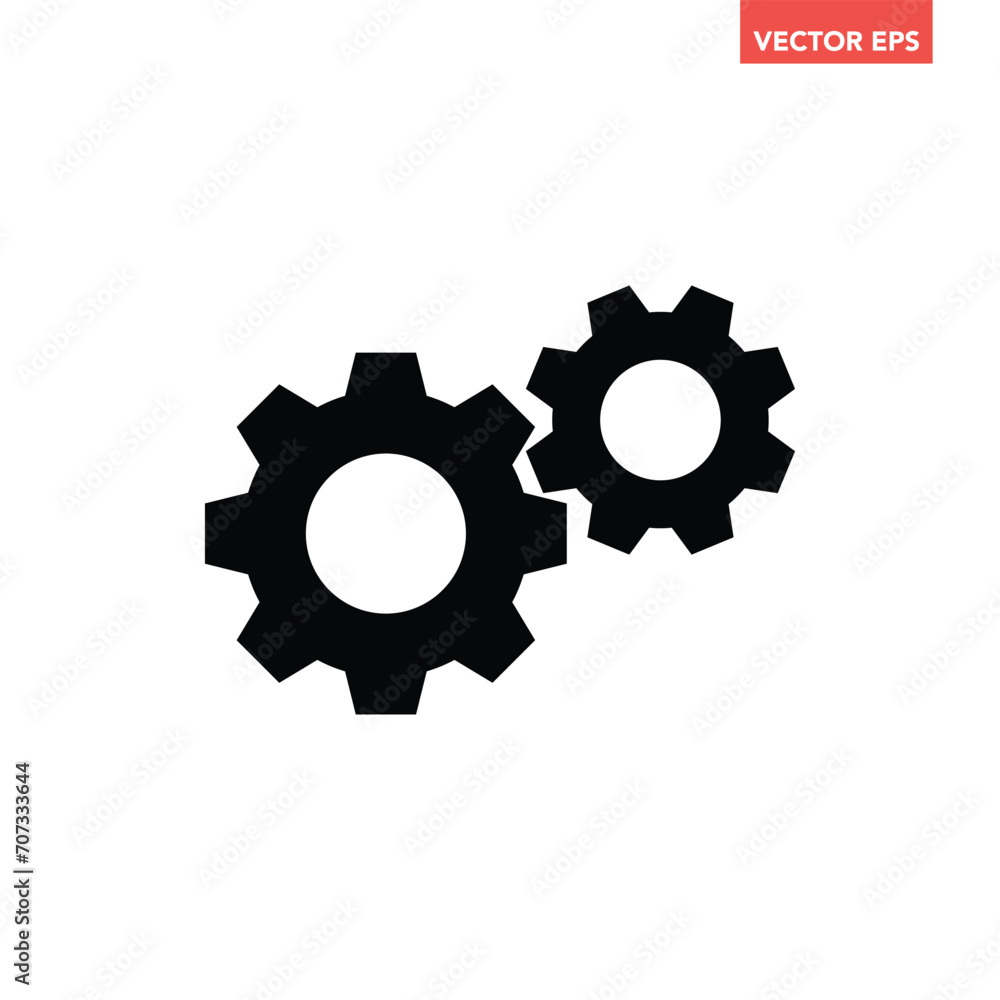 Black gear setting icon, simple cog wheel silhouette flat design vector pictogram, infographic interface elements for app logo web button ui ux isolated on white background