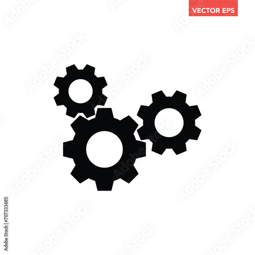 Black gear setting icon, simple cog wheel silhouette flat design vector pictogram, infographic interface elements for app logo web button ui ux isolated on white background