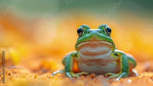  a close up of a frog on a field of grass with a blurry background of the frog s head and the frog s eyes are looking at the camera.