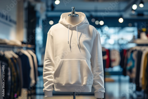 photo of a white hoodie on mannequin inside of clothing store