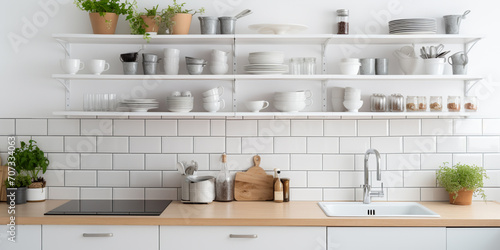 Modern stylish Scandinavian kitchen interior with kitchen accessories. AI Generative.