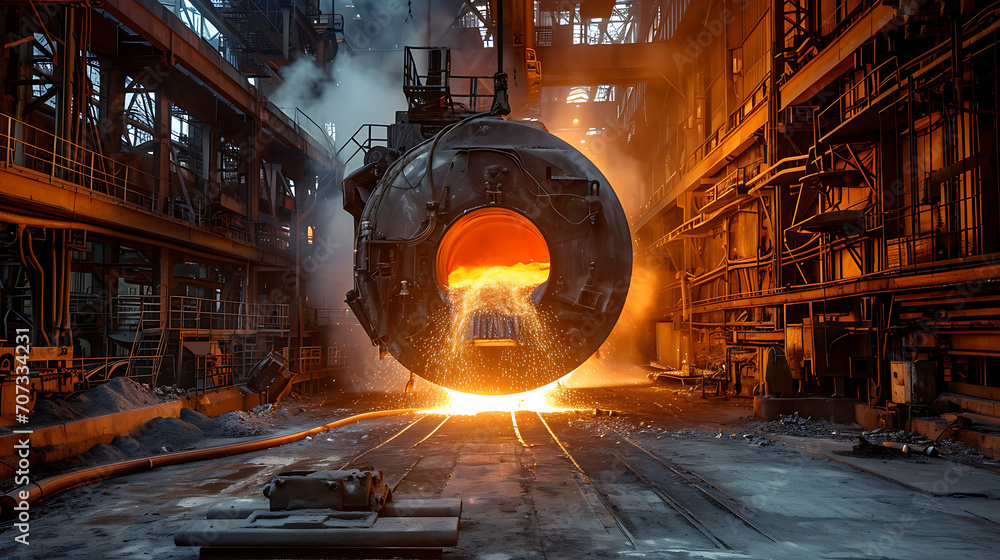 Um tiro dramático de um alto-forno em uma planta de fabricação de aço ilustrando o calor intenso e os processos industriais envolvidos na produção de aço - obrazy, fototapety, plakaty 