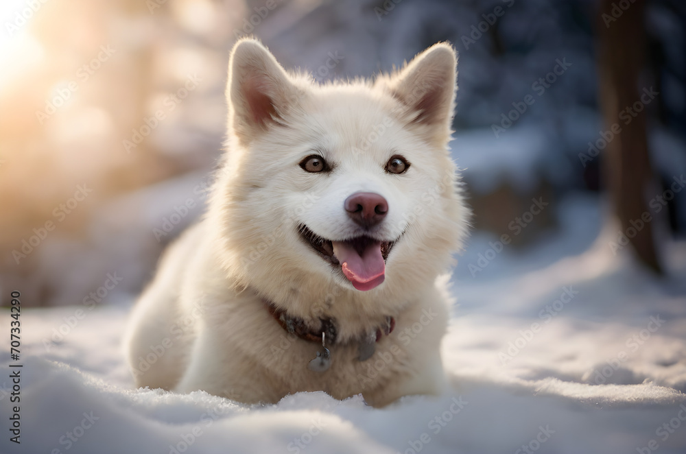 Perro hasky blanco en un bosque nevado con la lengua Perro hasky blanco en un bosque nevado con la lengua