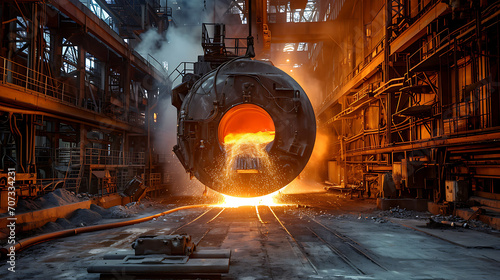 Um tiro dramático de um alto-forno em uma planta de fabricação de aço ilustrando o calor intenso e os processos industriais envolvidos na produção de aço photo