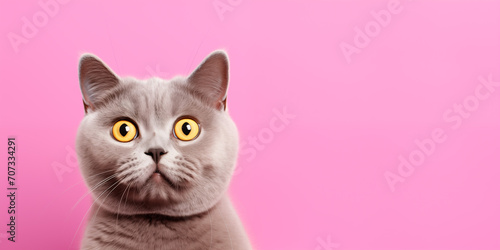 Funny british shorthair cat portrait looking shocked or surprised on pink background with copy space