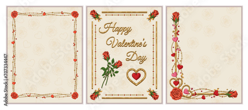 Vintage gold frames with heart, roses, golden jewelry chains, copy space on white background. Valentines Day holiday. Template for greeting card, menu, poster, invitation, prints Letter paper size