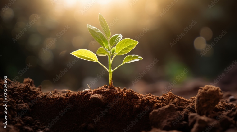 Saplings Growing From Soil With Sunlight with blur background. generative AI Saplings Growing From Soil With Sunlight with blur background. generative AI