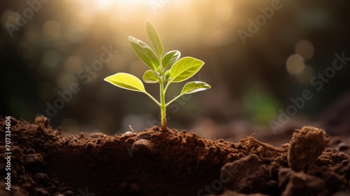 Saplings Growing From Soil With Sunlight with blur background. generative AI