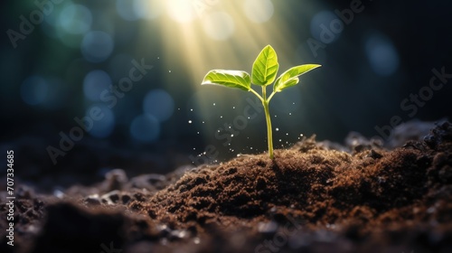Saplings Growing From Soil With Sunlight with blur background. generative AI photo