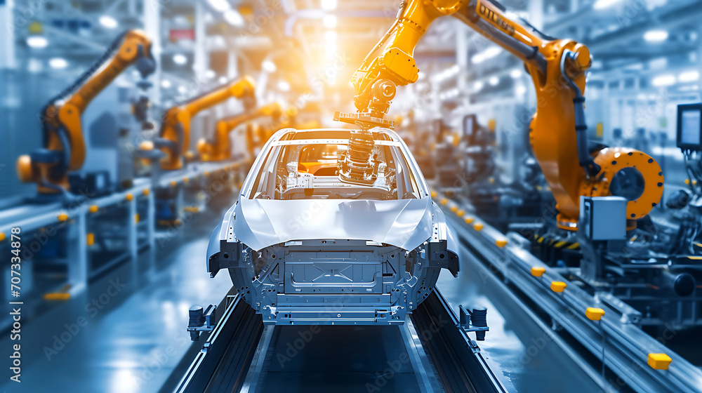 Uma imagem dinâmica mostrando uma linha de montagem robótica em uma instalação moderna de manufatura destacando a eficiência e precisão dos processos de produção automatizados