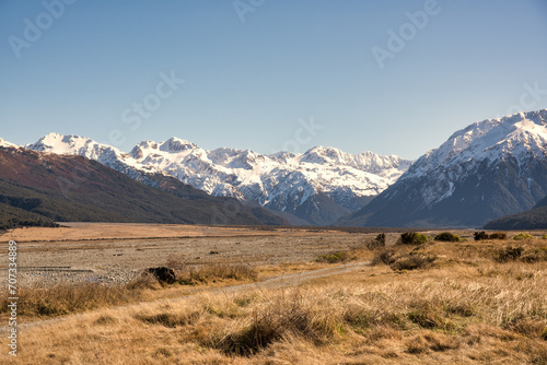 Rural grassland scenery of Arthurs pass one of the main alpine passes through the Southern alps