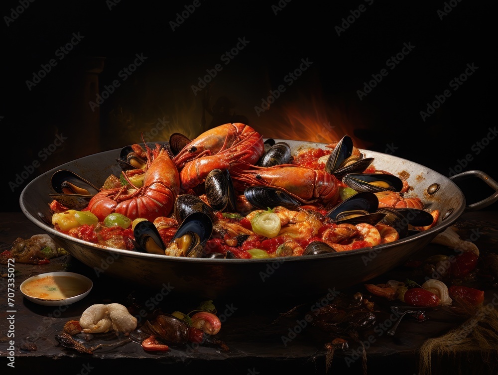 a large pan filled with cooked lobsters and mussels on a table next to a bowl of dipping sauce and a small bowl of dipping sauce on the side. a large pan filled with cooked lobsters and mussels on a table next to a bowl of dipping sauce and a small bowl of dipping sauce on the side.