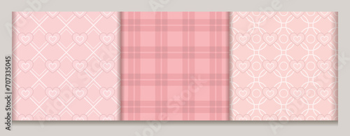 Geometric pink patterns with heart icons. Simple, low contrast backgrounds. For Valentines Day, girls design, prints, clothing, holiday goods, surface decoration