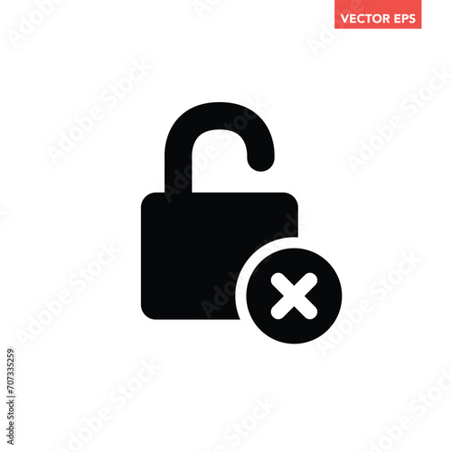 Black single unlock failed icon, simple simple unsafe password protection flat design concept vector for app ads web banner button ui ux interface elements isolated on white background