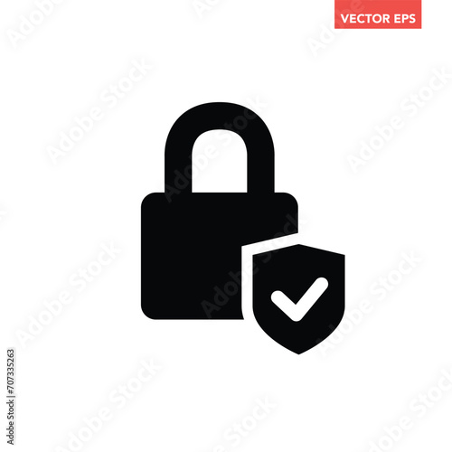 Black filled lock wth check mark icon, simple successful protection flat design pictogram vector for app ads web banner button ui ux interface elements isolated on white background