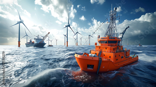 Uma cena dinâmica de embarcações de construção montando fundações para turbinas eólicas offshore representando o desenvolvimento da infraestrutura de energia renovável photo