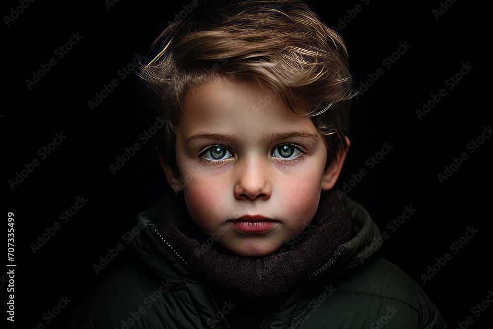 Portrait of a cute little boy in a green jacket on a black background Portrait of a cute little boy in a green jacket on a black background