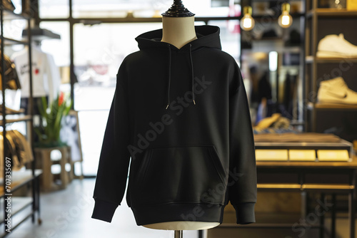 photo of a black hoodie on mannequin inside of clothing store
