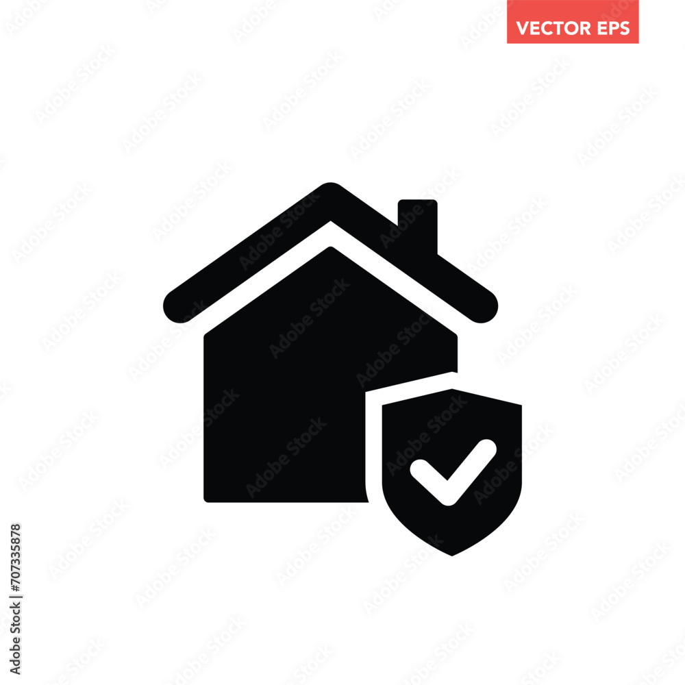 Black single home protection confirmed icon, simple house shield flat design vector pictogram, infographic interface elements for app logo web button ui ux isolated on white background Black single home protection confirmed icon, simple house shield flat design vector pictogram, infographic interface elements for app logo web button ui ux isolated on white background