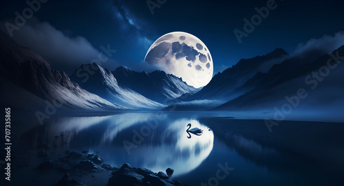 Lonely swan and big full moon, cool night, snow mountain and lake, milky way, Wallpaper and Background