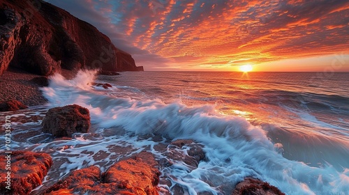 A coastal cliff with waves crashing against the rocks  set against the backdrop of a fiery sunset sky.  Coastal cliff at sunset 