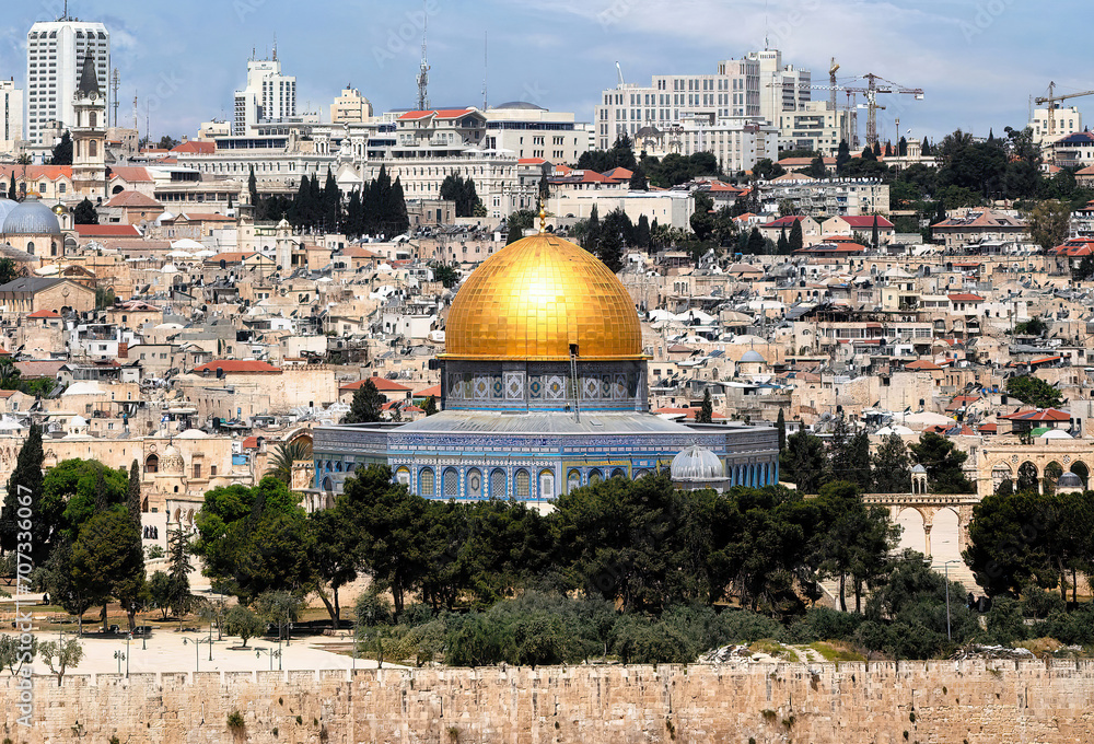 A panoramic view of the city of Jerusalem in Israel against the backdrop of the magnificent Dome of the Rock