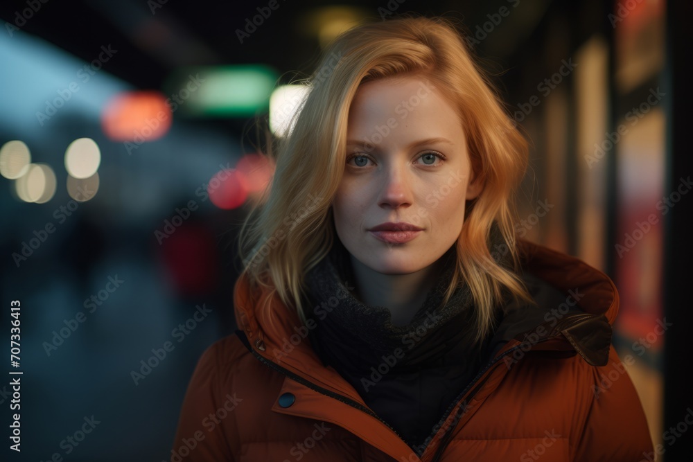 Portrait of a beautiful girl in an orange jacket in the city Portrait of a beautiful girl in an orange jacket in the city