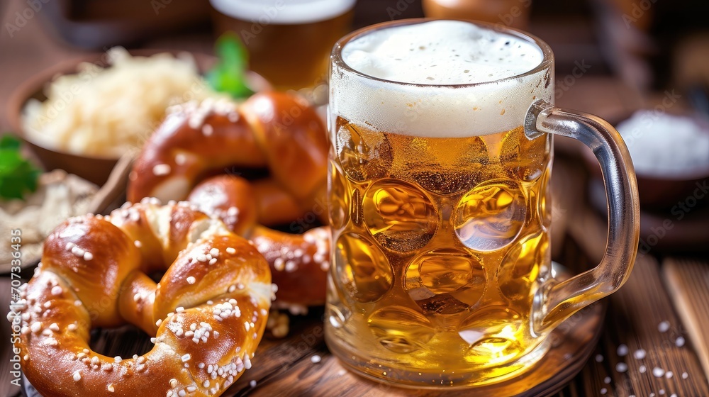 Soft pretzel and bavarian white sausage weisswurst made from minced veal and pork back bacon, mug with beer, crauti or sauerkraut, mustard. German octoberfest lunch Soft pretzel and bavarian white sausage weisswurst made from minced veal and pork back bacon, mug with beer, crauti or sauerkraut, mustard. German octoberfest lunch