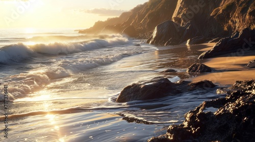  the sun shines through the clouds over the water on a rocky beach with waves crashing on the shore and rocks in the foreground and a rocky cliff in the background.