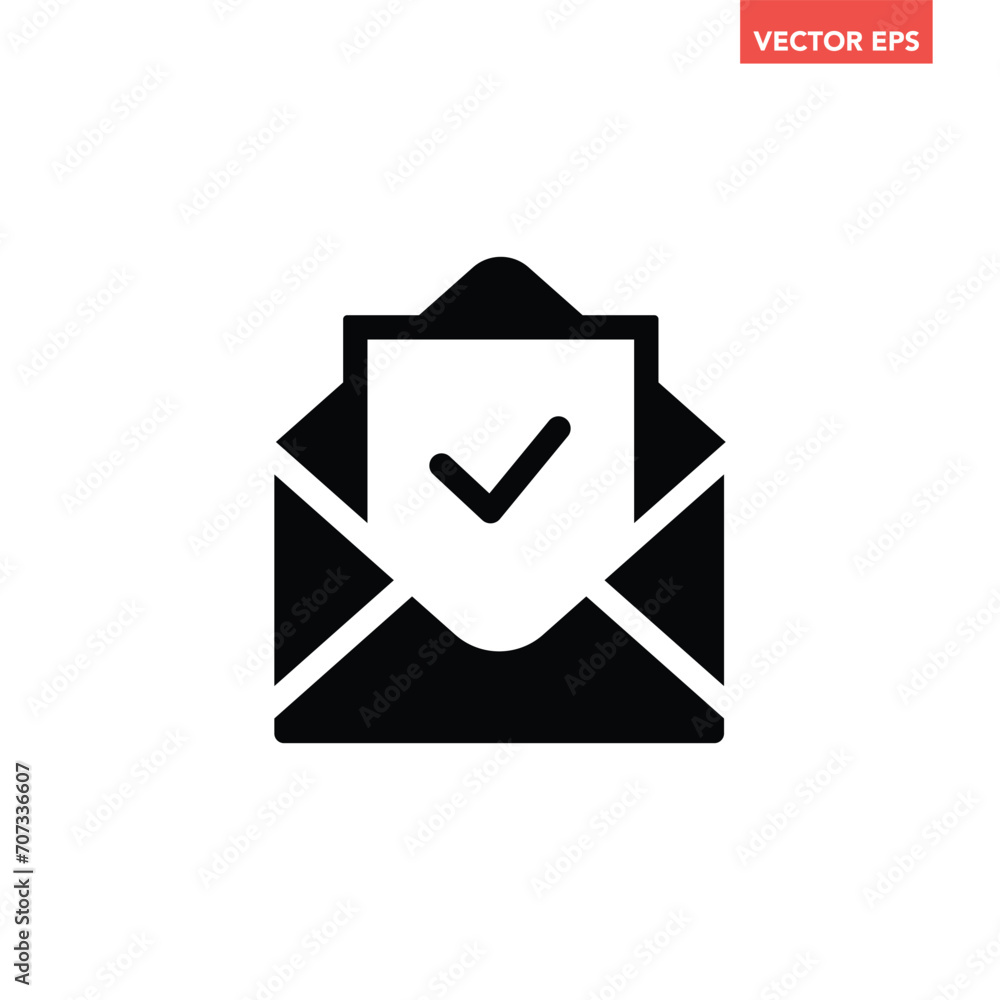 Black single email with confirmed document icon, simple mail received flat design vector pictogram, infographic interface elements for app logo web button ui ux isolated on white background Black single email with confirmed document icon, simple mail received flat design vector pictogram, infographic interface elements for app logo web button ui ux isolated on white background