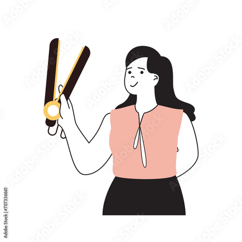 Beauty salon concept with cartoon people in flat design for web. Woman with curling tongs doing hairstyle makeover to client at studio. Vector illustration for social media banner, marketing material.
