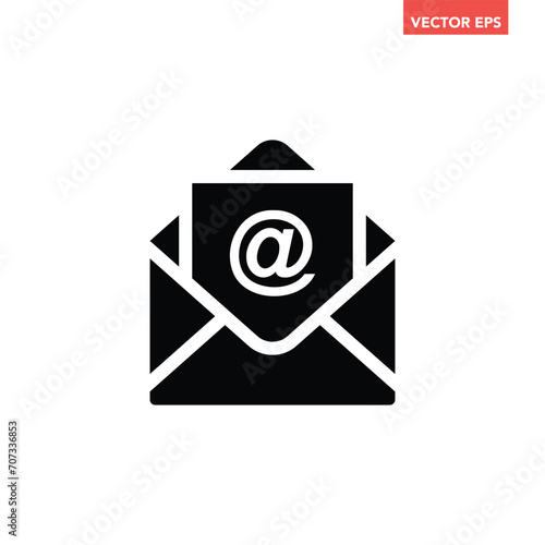 Black single email icon, simple open mail envelope flat design vector pictogram, infographic interface elements for app logo web button ui ux isolated on white background