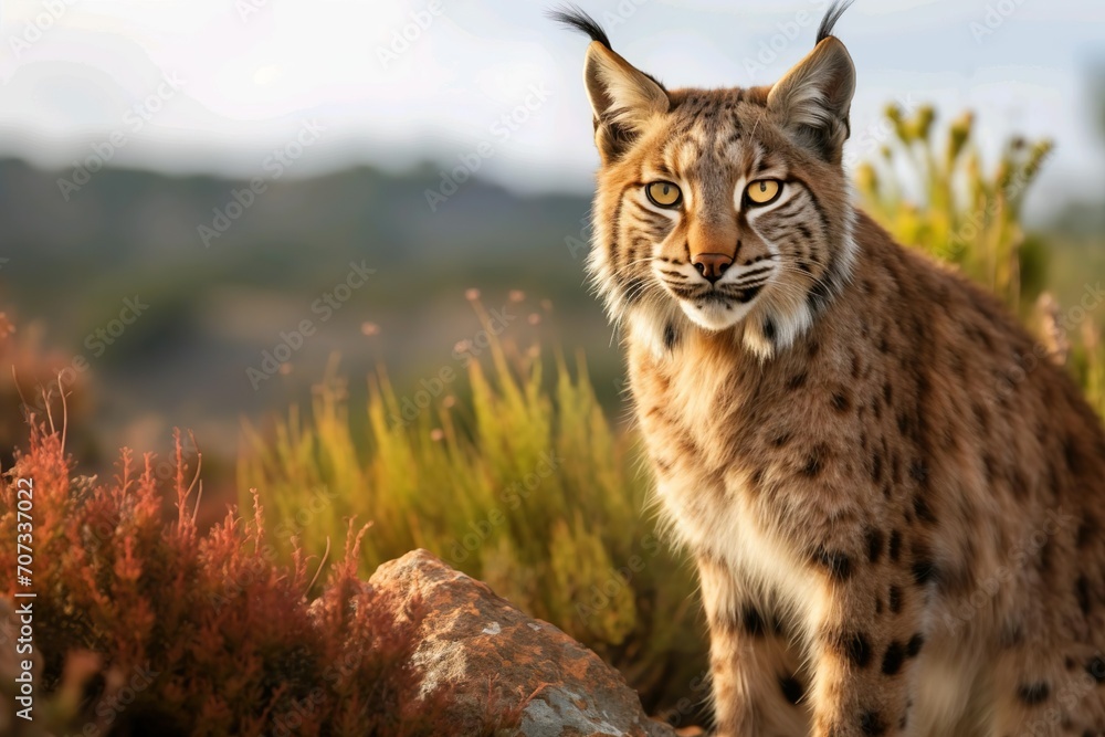 Fototapeta premium Lynx in the wild. Wild Elegance: Iberian Lynx in Intense Gaze. Generative ai