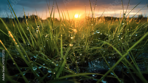 green grass decorated with morning dew.
